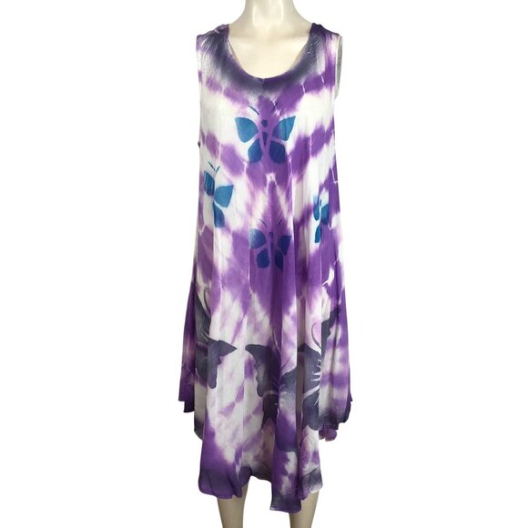SAKKAS- WOMEN'S FREE SIZE PURPLE TIE DYE BUTTERFLY BOHO CAFTAN DRESS COVER UP - Picture 1 of 9